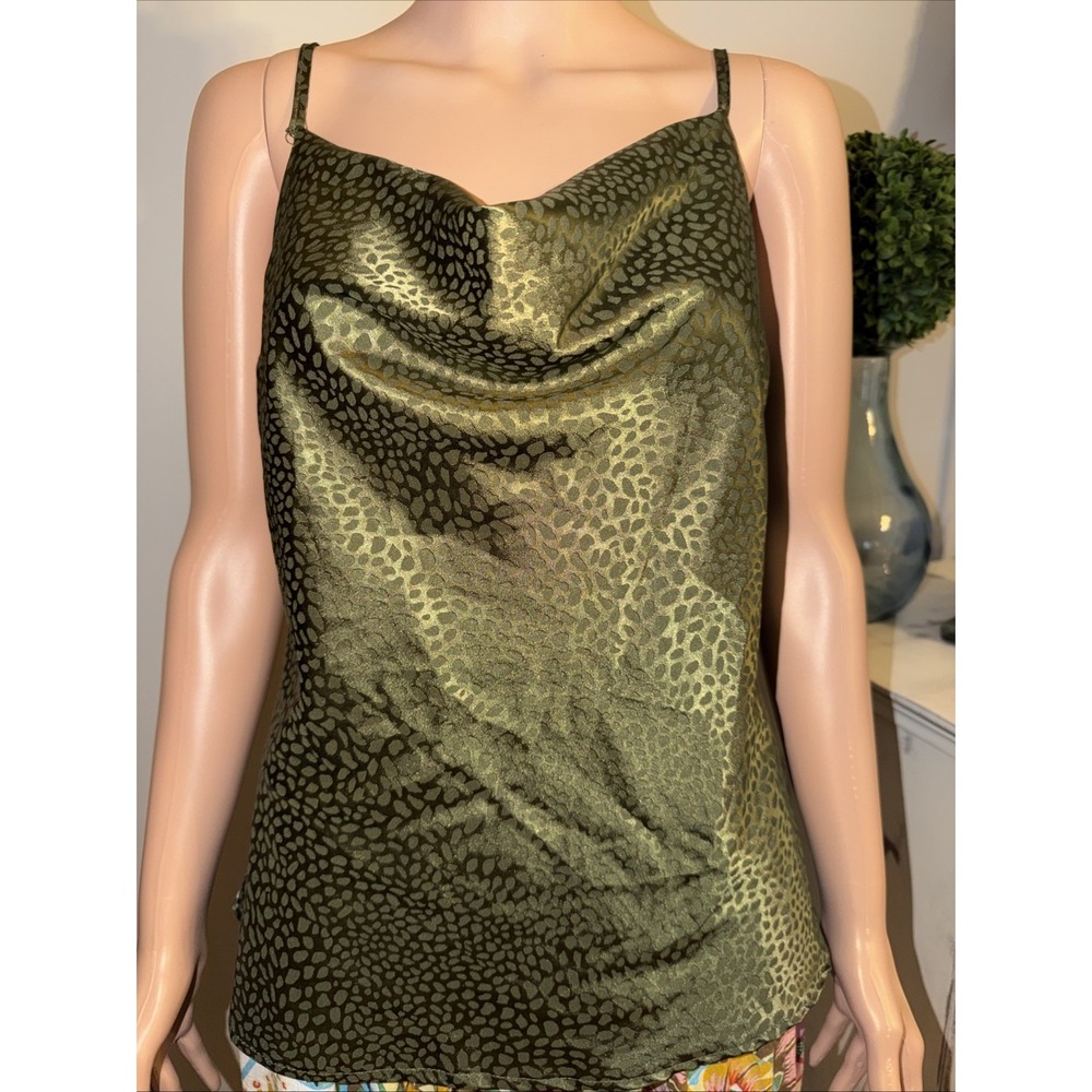 Glam Cami Slip Blouse Camisole Dark Green Sz L Silk Feel Cowl Luxury Festival